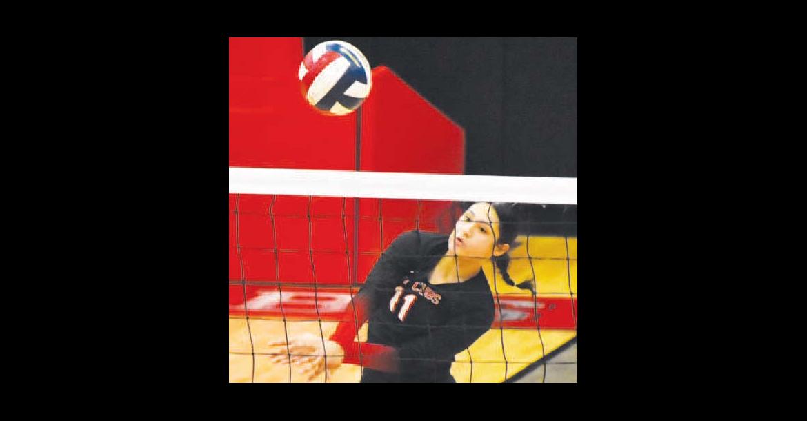 Kenzie Guiterrez hits the ball over the net in a game earlier this season. The Lady Cubs are in the playoff hunt after beating Crane Tuesday. (Melissa McCaghren/ Brownfield News file)